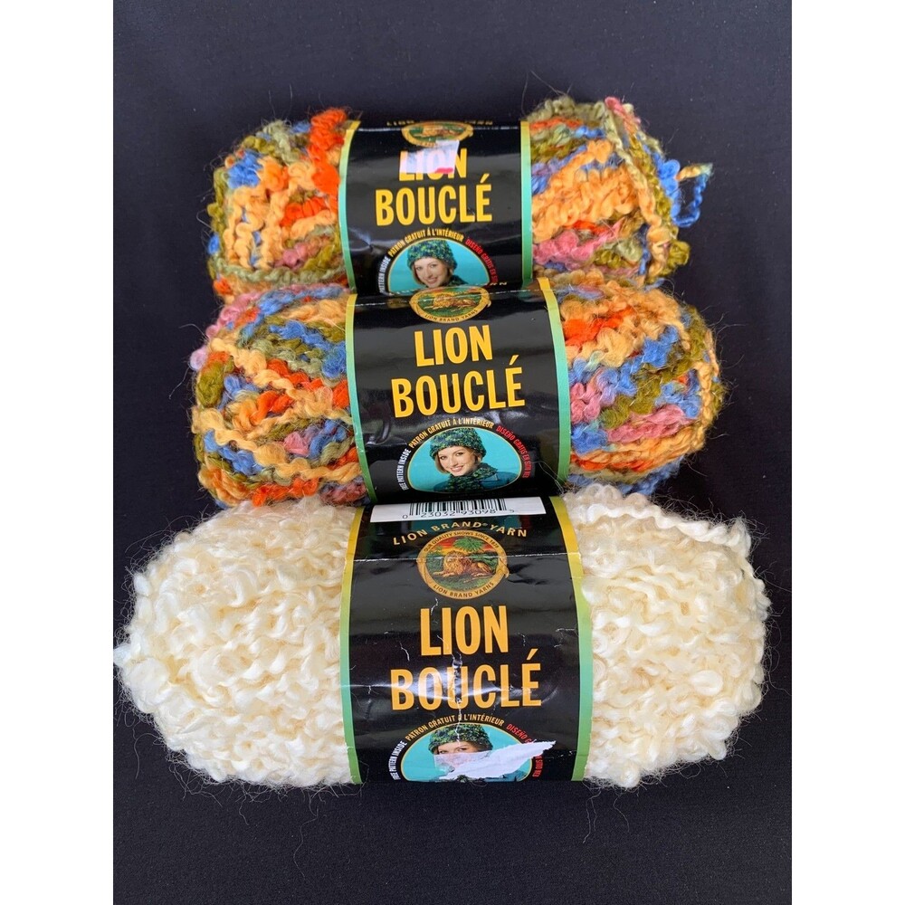 Lion Brand Boucle 3 Skeins Taffy and Cream Acrylic Mohair Nylon Yarn Super Bulky
